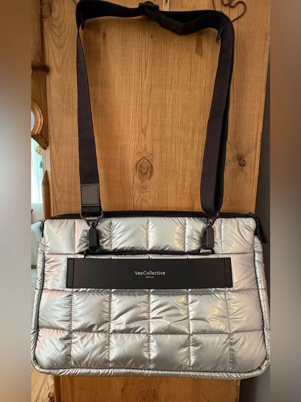 VeeCollective Porter Quilted Laptop Sleeve- Metallic Silver (fits up to 16”)